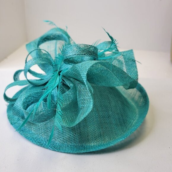 Teal Blue Fascinator with an Upturned Brim Sinamay Loops Rosettes and Feathers - Picture 11 of 16